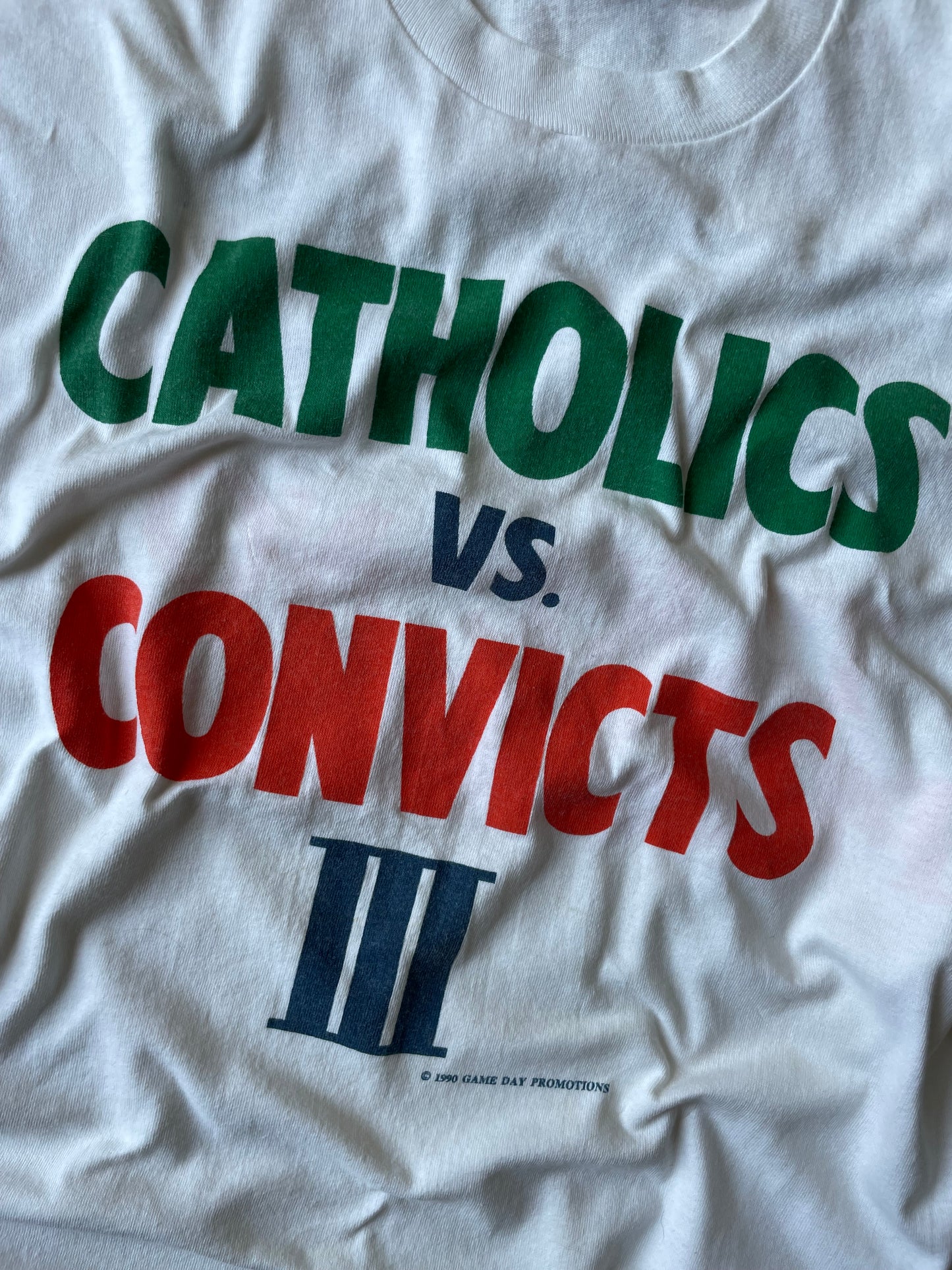 AUCTION! Vintage 1990 ORIGINAL CATHOLICS vs. CONVICTS Take No Prisoners Tee XLarge