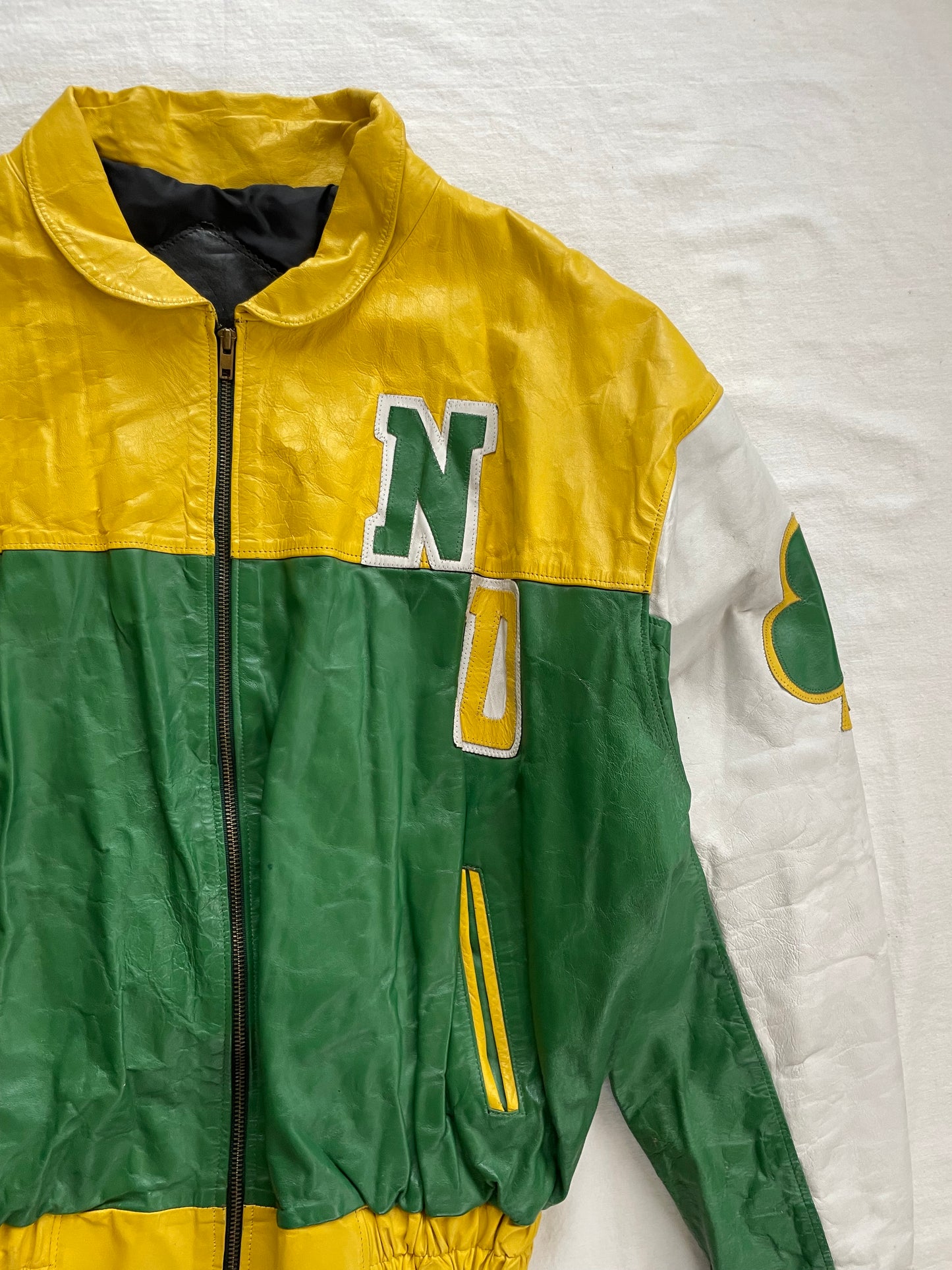Vintage Notre Dame Green and Yellow Leather Jacket Large