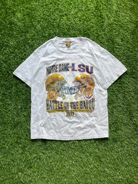 Vintage Notre Dame vs LSU 1997 Battle on the Bayou Football Tee Large