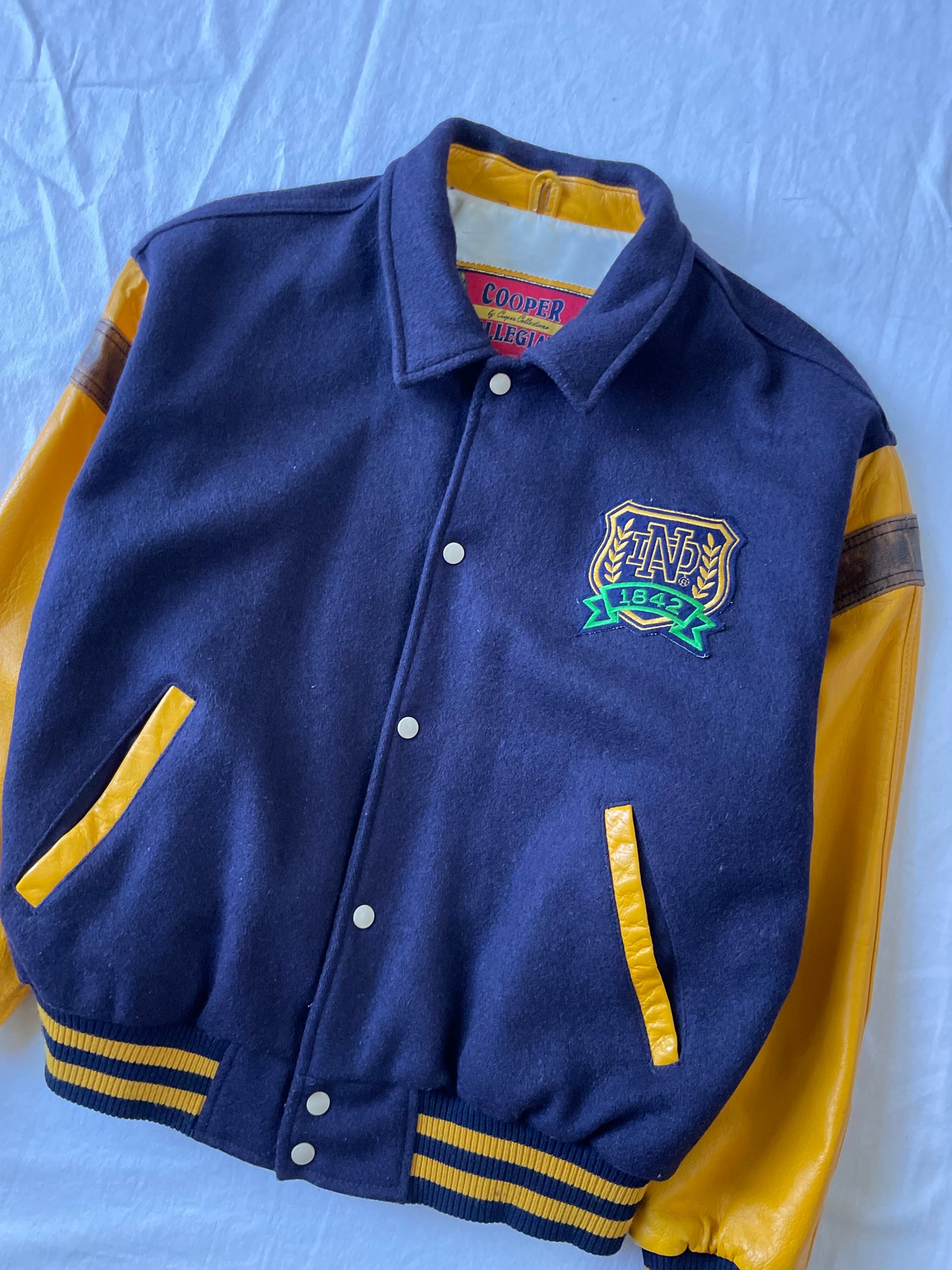 Vintage Notre Dame Leather and Wool Bomber Jacket Large