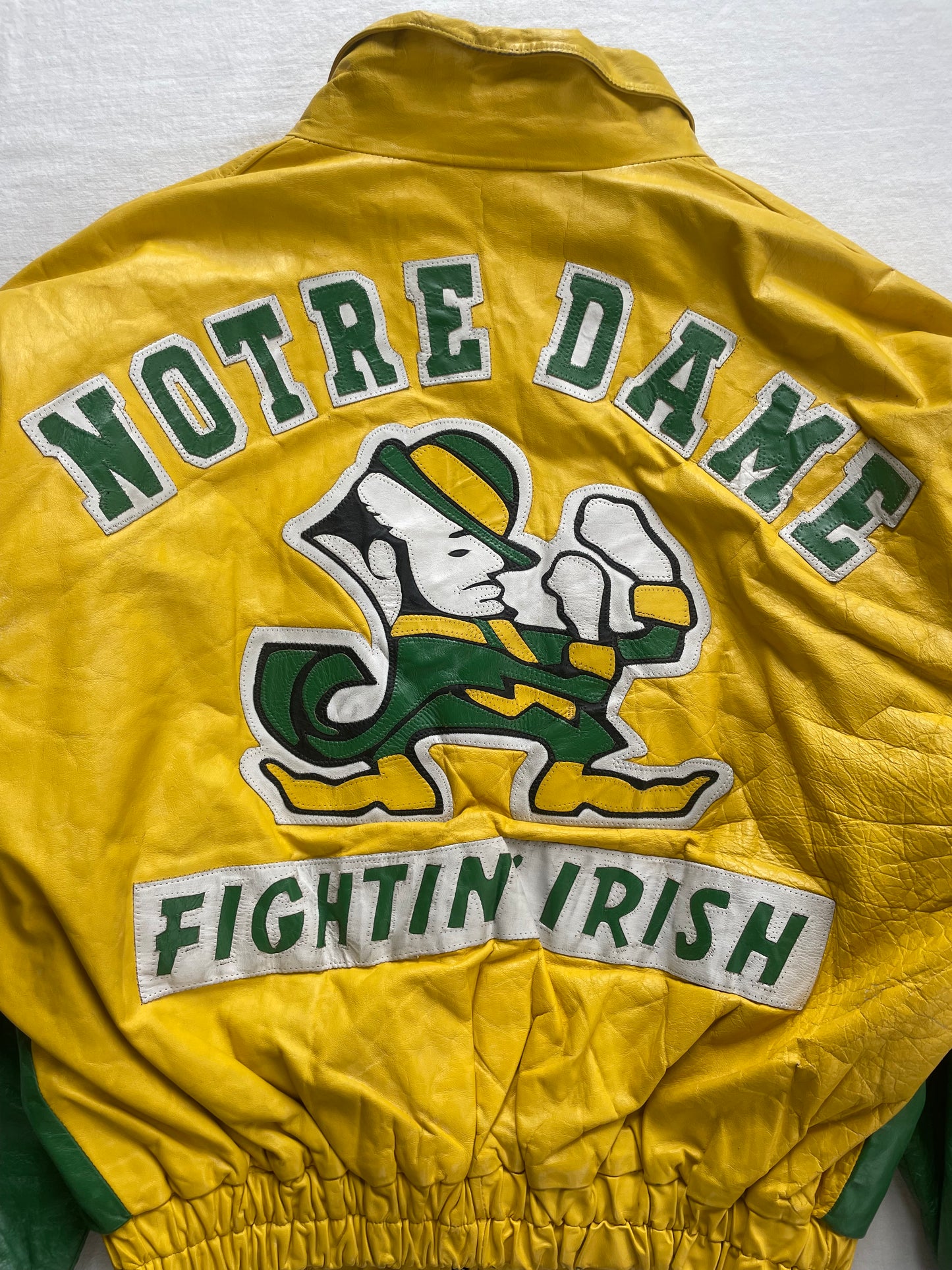 Vintage Notre Dame Green and Yellow Leather Jacket Large