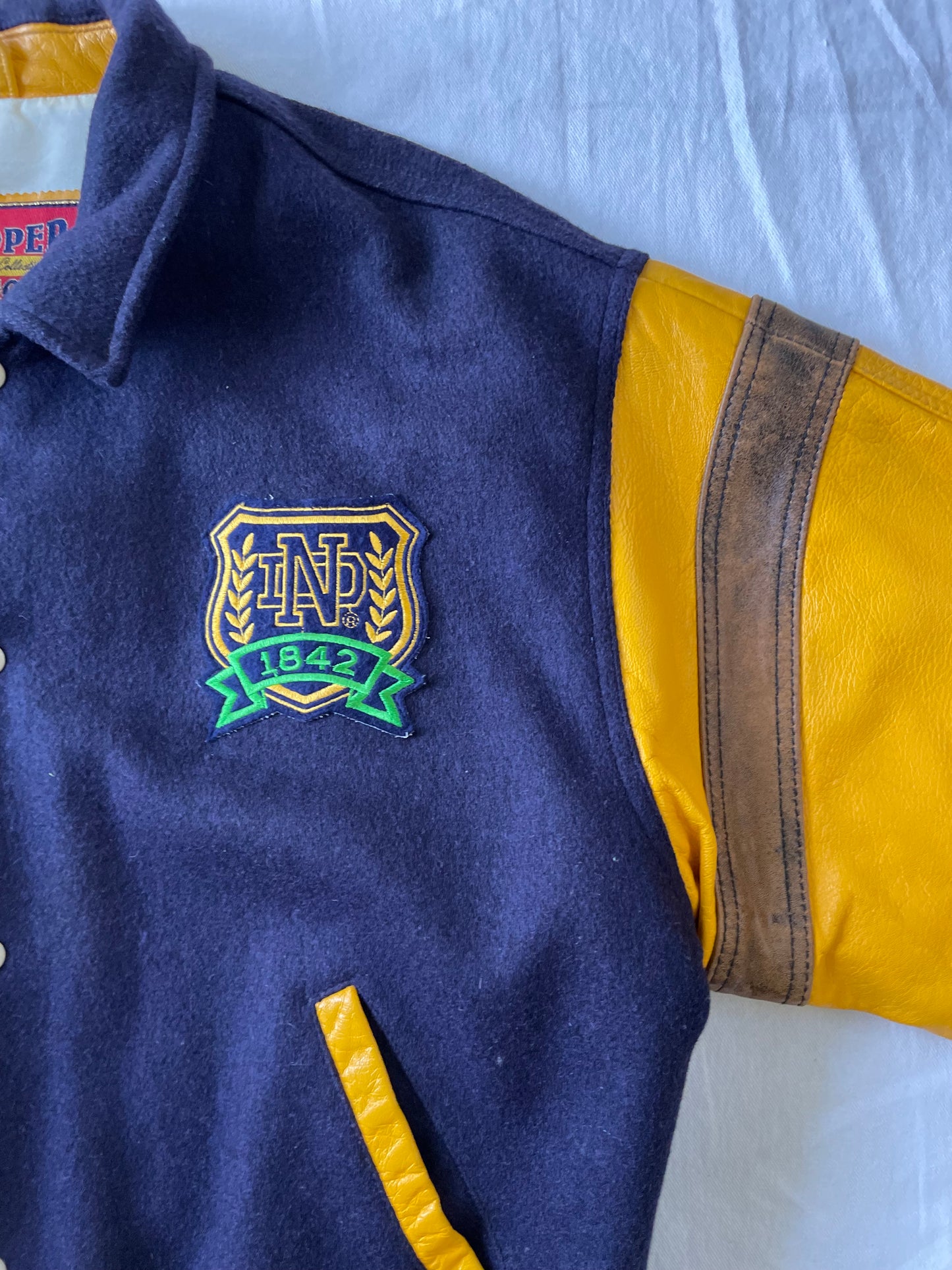 Vintage Notre Dame Leather and Wool Bomber Jacket Large