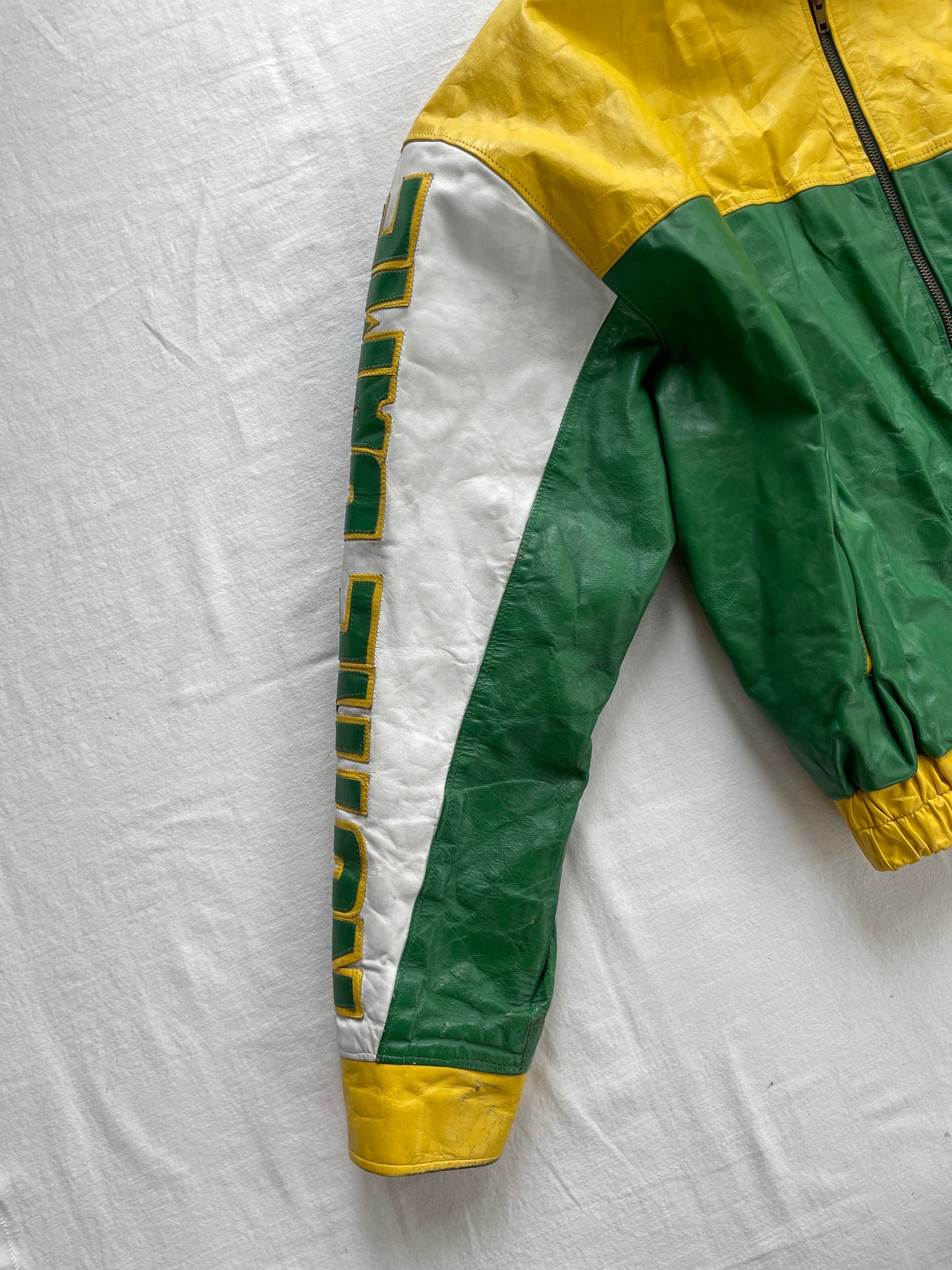 Vintage Notre Dame Green and Yellow Leather Jacket Large