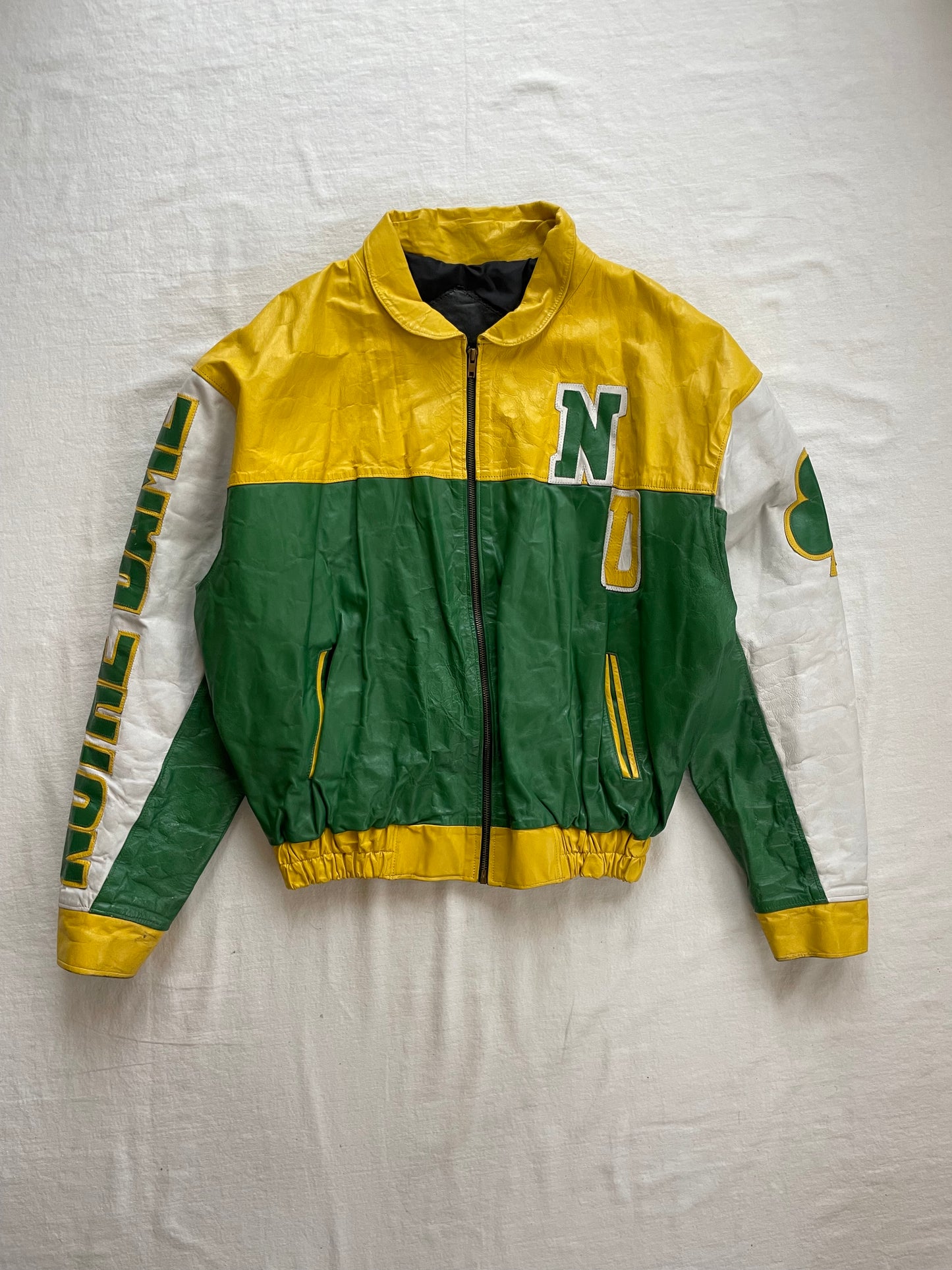Vintage Notre Dame Green and Yellow Leather Jacket Large