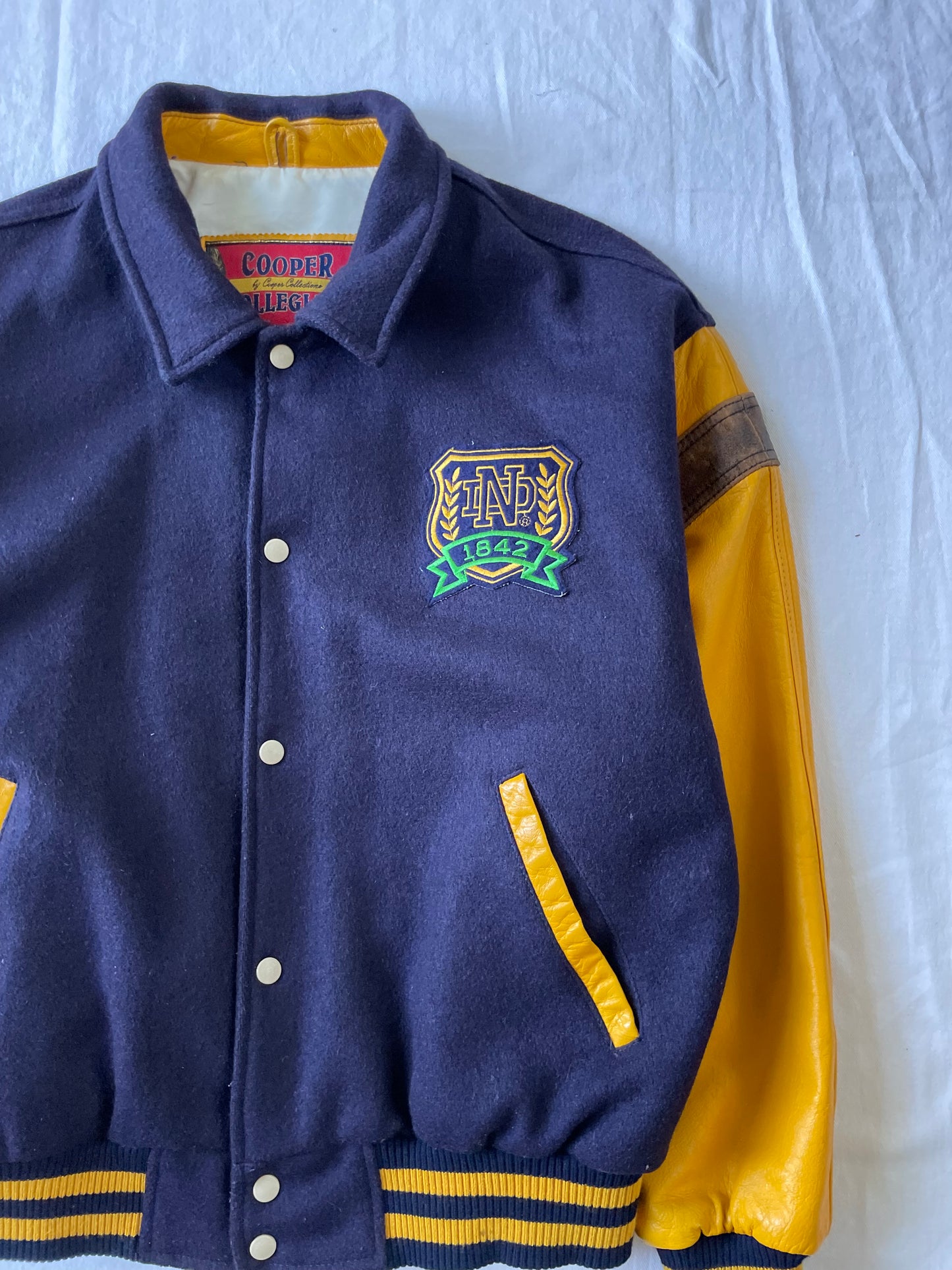 Vintage Notre Dame Leather and Wool Bomber Jacket Large