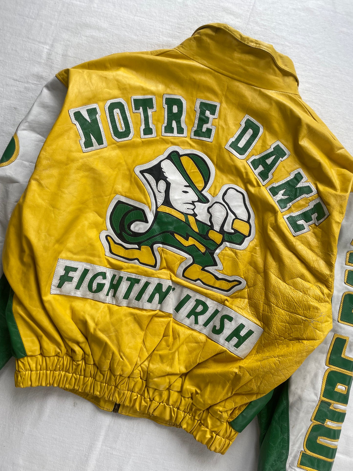 Vintage Notre Dame Green and Yellow Leather Jacket Large