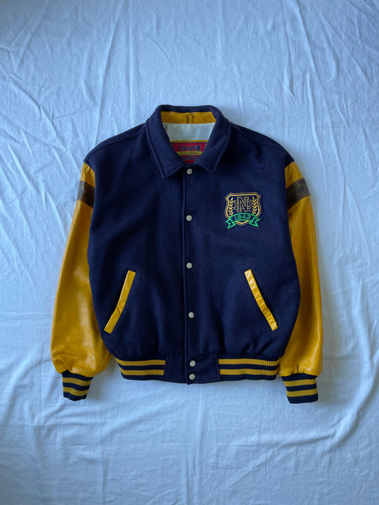 Vintage Notre Dame Leather and Wool Bomber Jacket Large