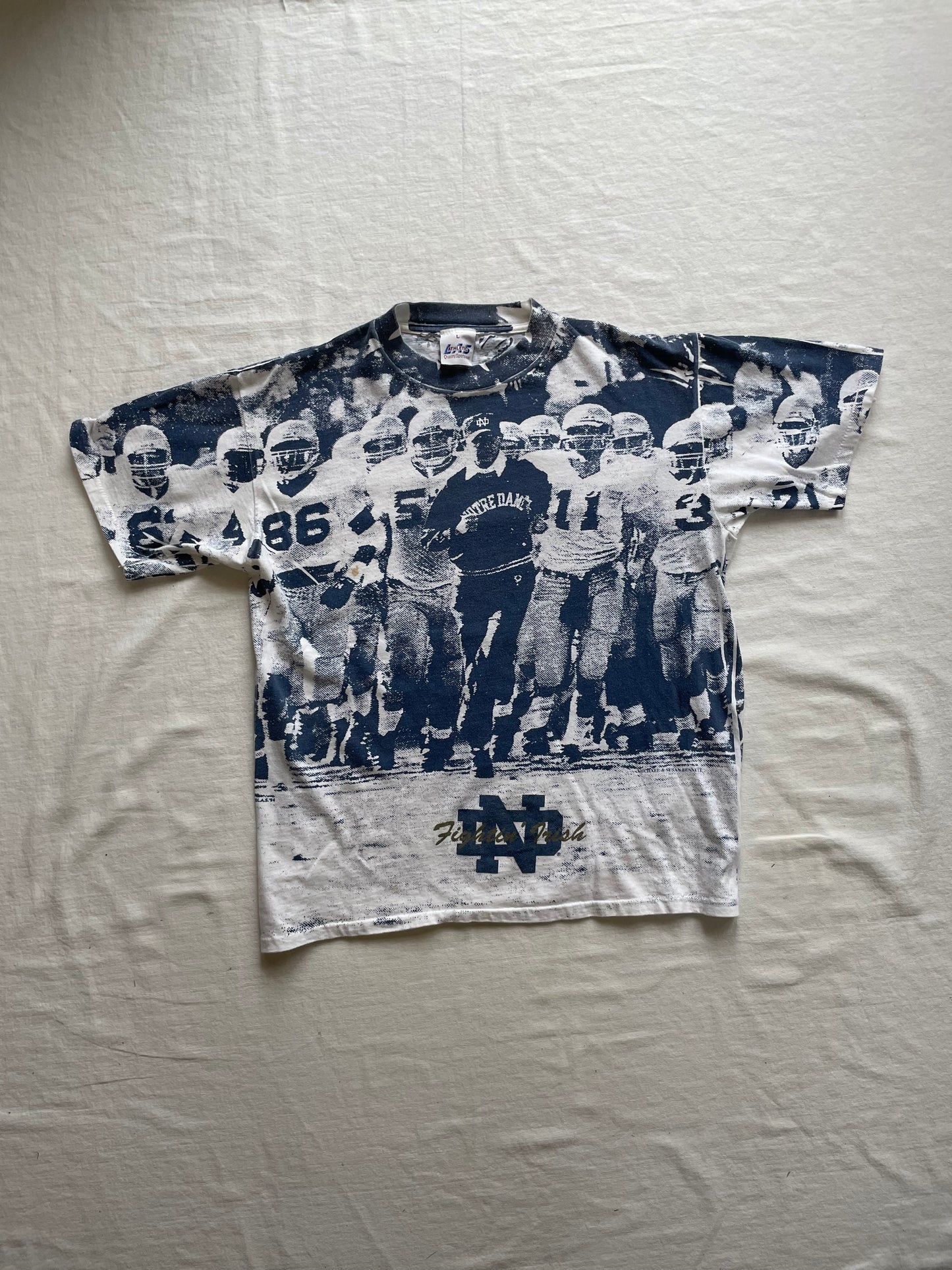 Vintage Notre Dame Football Lou Holtz All Over Print Tee Large