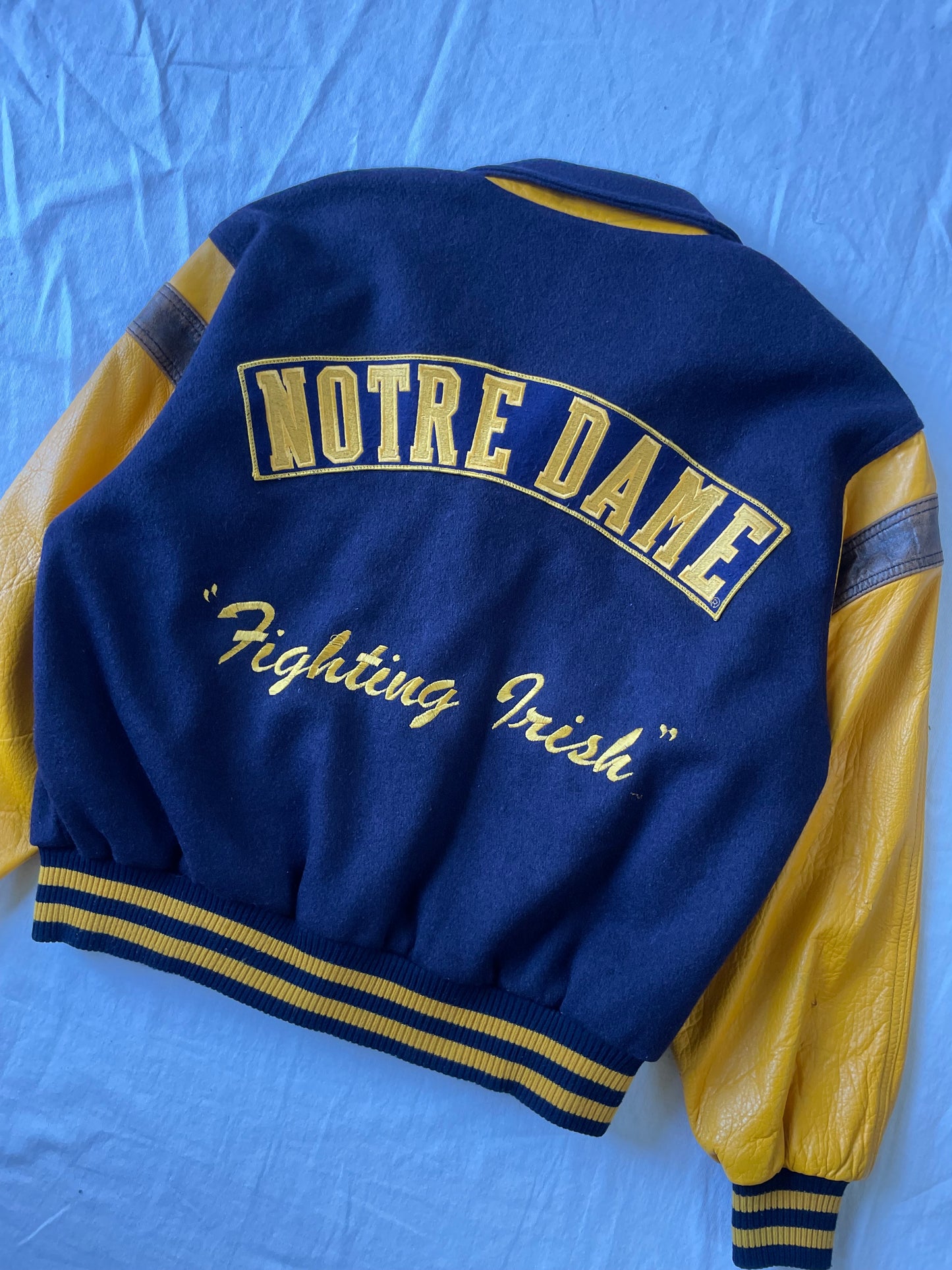 Vintage Notre Dame Leather and Wool Bomber Jacket Large
