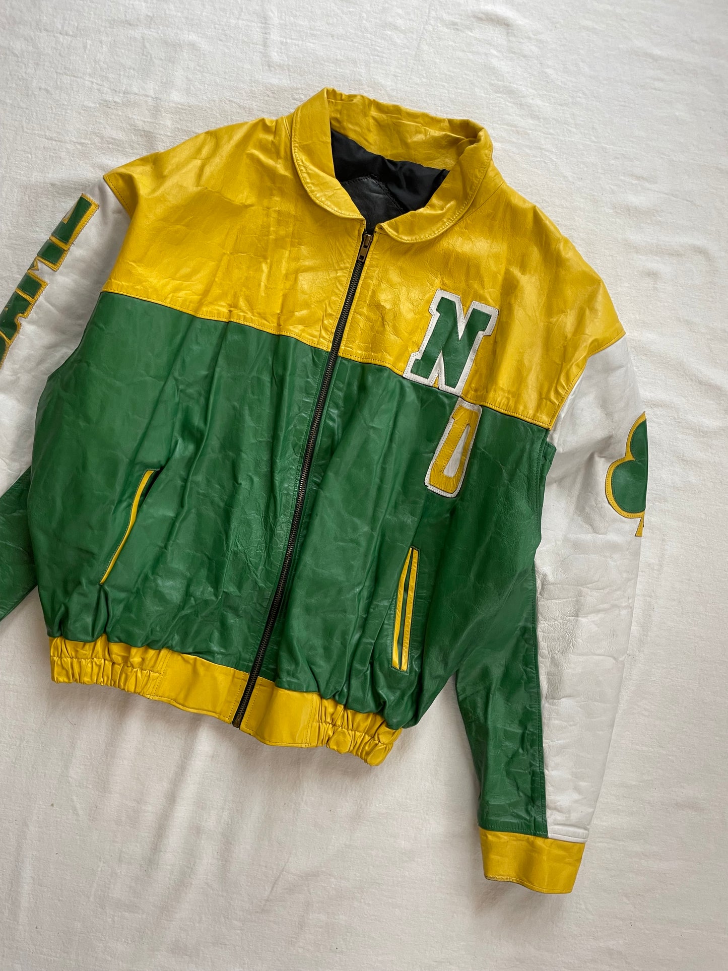 Vintage Notre Dame Green and Yellow Leather Jacket Large