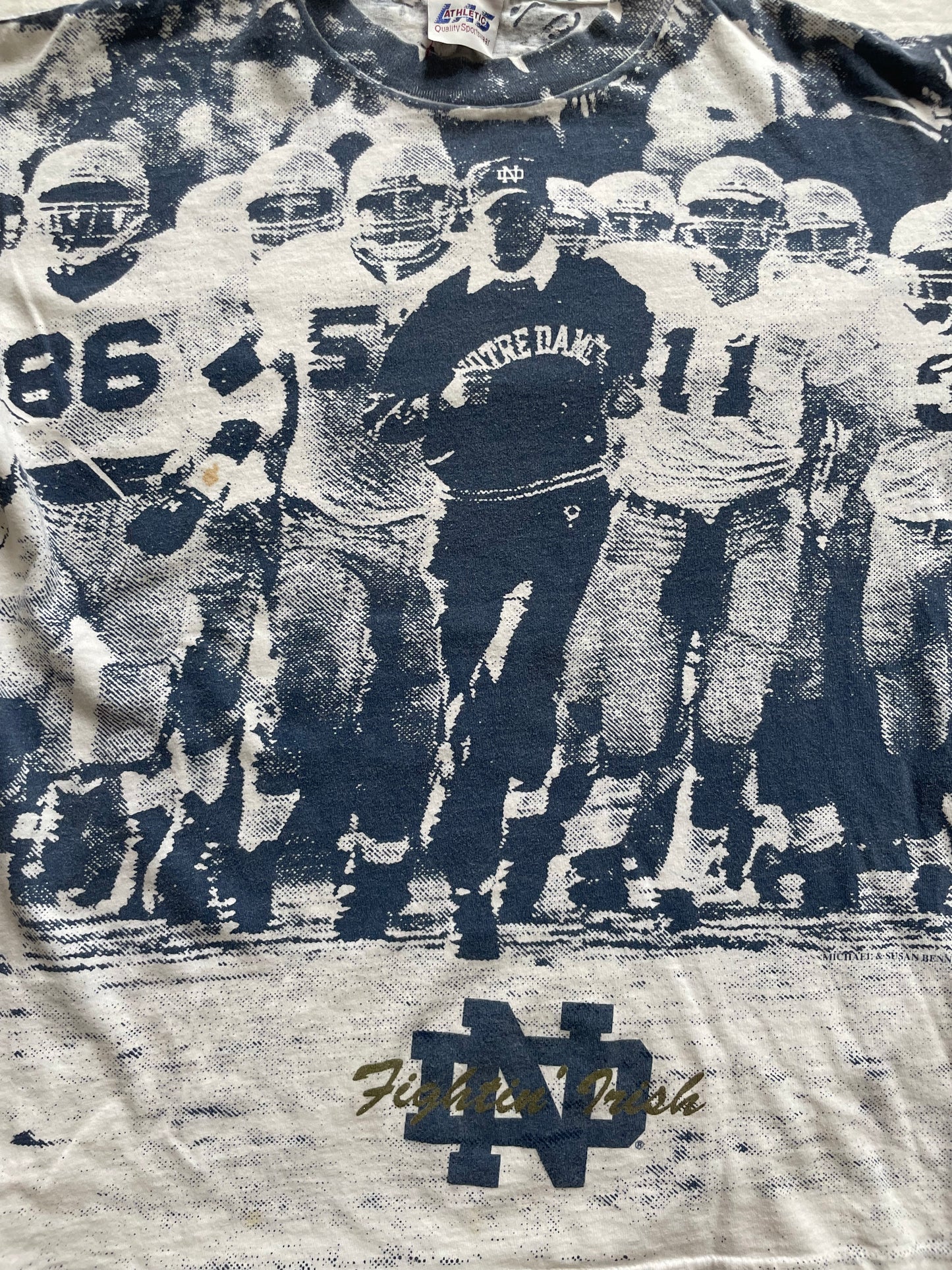 Vintage Notre Dame Football Lou Holtz All Over Print Tee Large