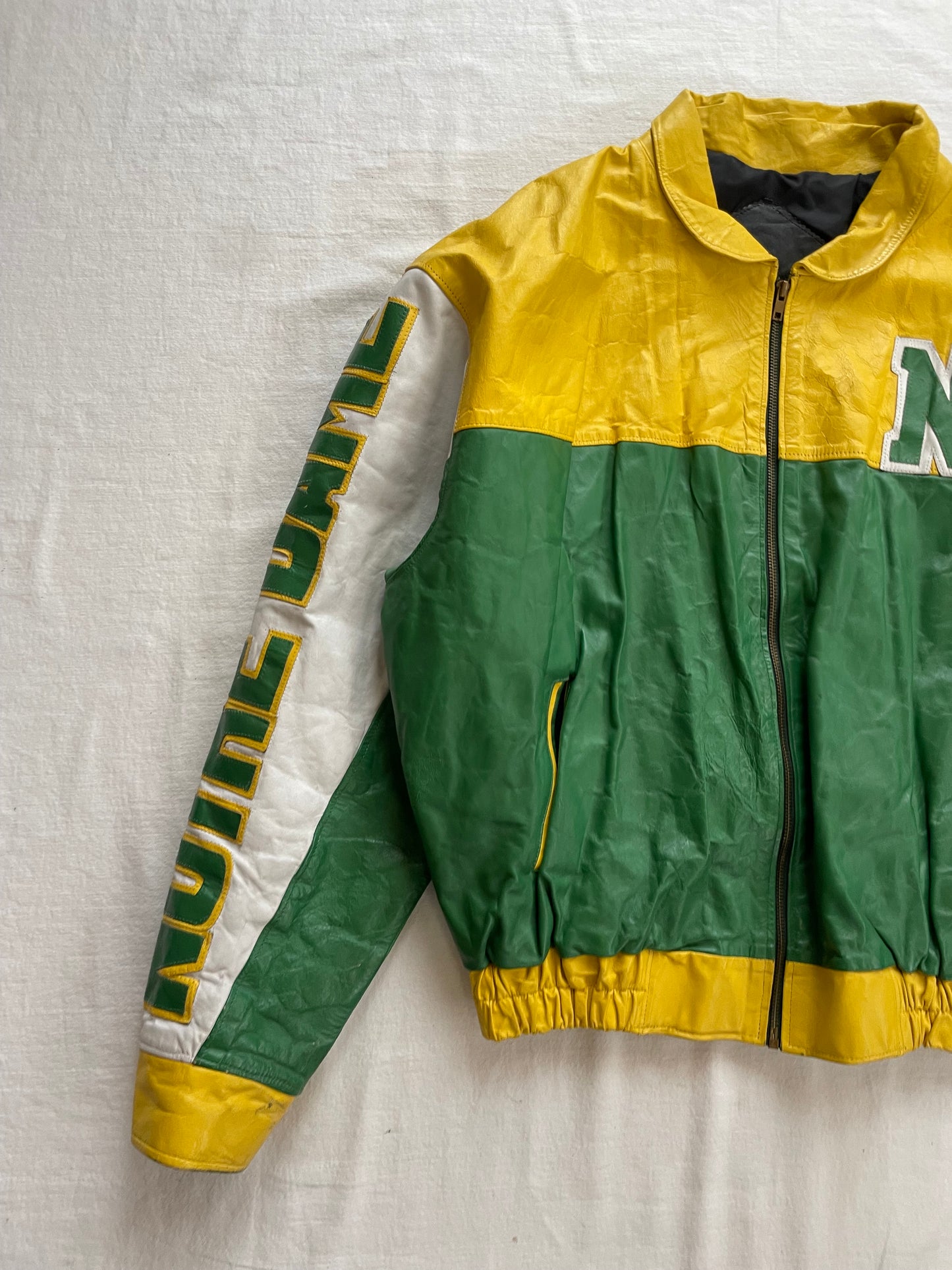 Vintage Notre Dame Green and Yellow Leather Jacket Large