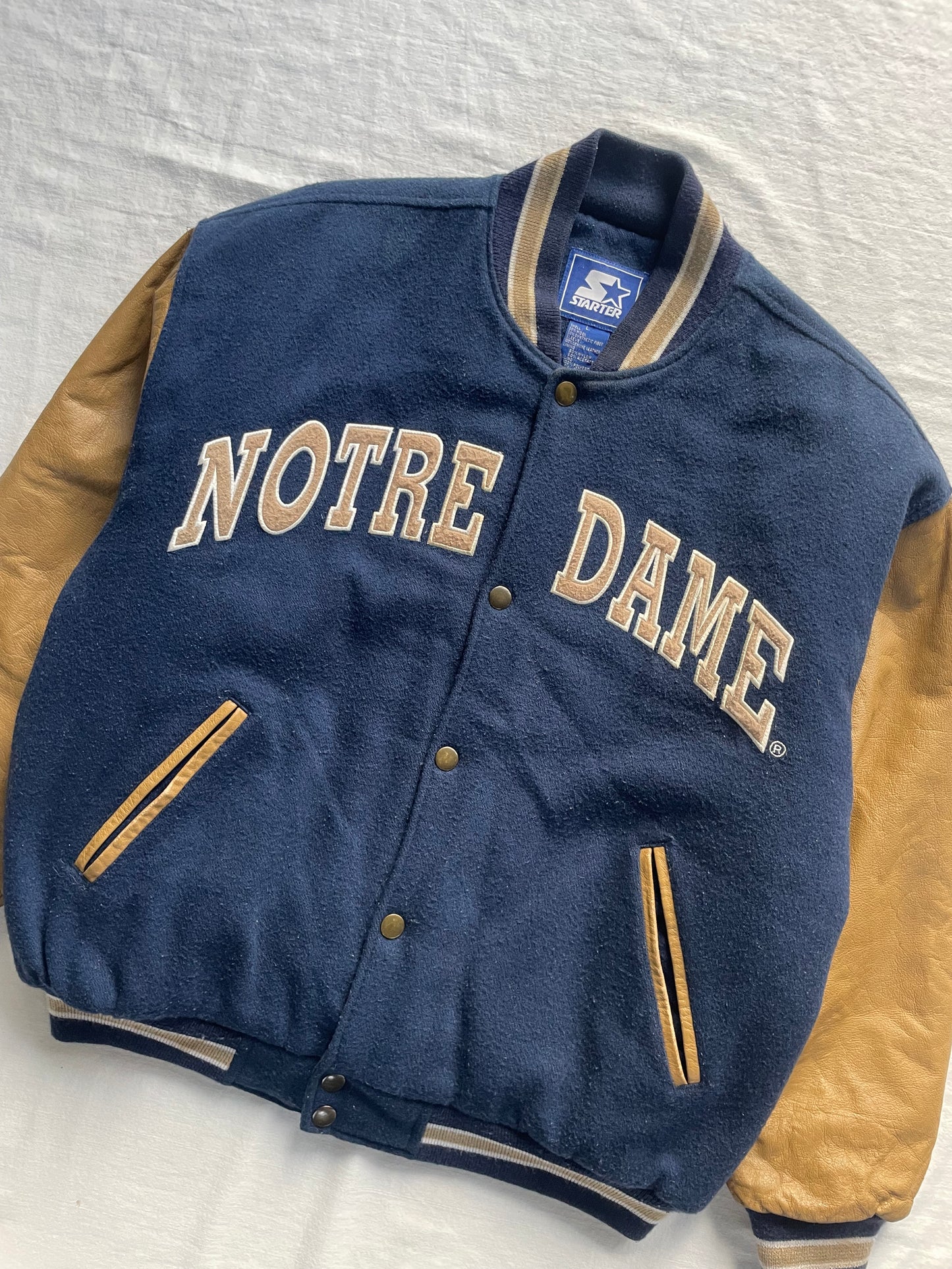 Vintage Notre Dame Leather and Wool Varsity Jacket Large