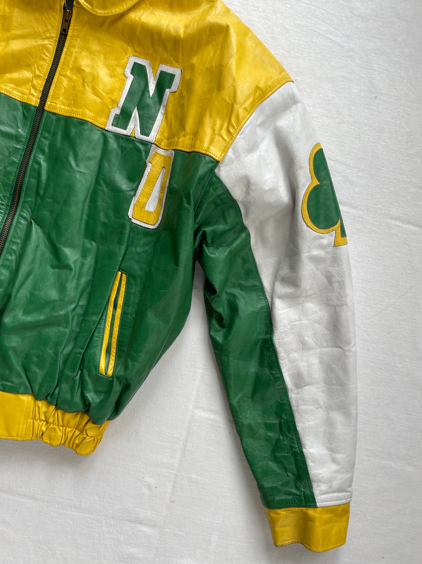 Vintage Notre Dame Green and Yellow Leather Jacket Large